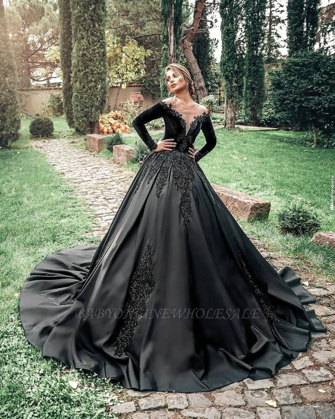 Black Gothic Forest Country Wedding Black Dress for Wedding with Sheer Neckline, Long Sleeves, Appliqued Swee Train, and Corset Back