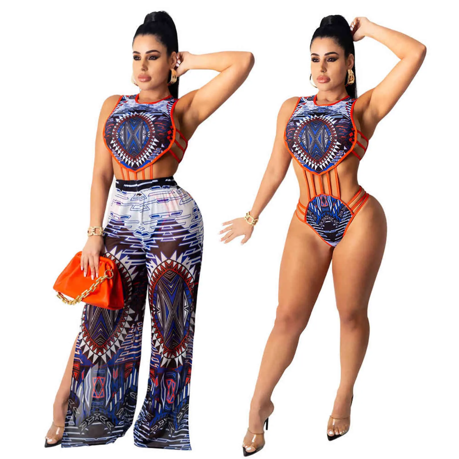 Femmes Ensemble Sexy Beachwear Bandage Body Barboteuses Pantalon Large Deux Pièces Ensemble 211116