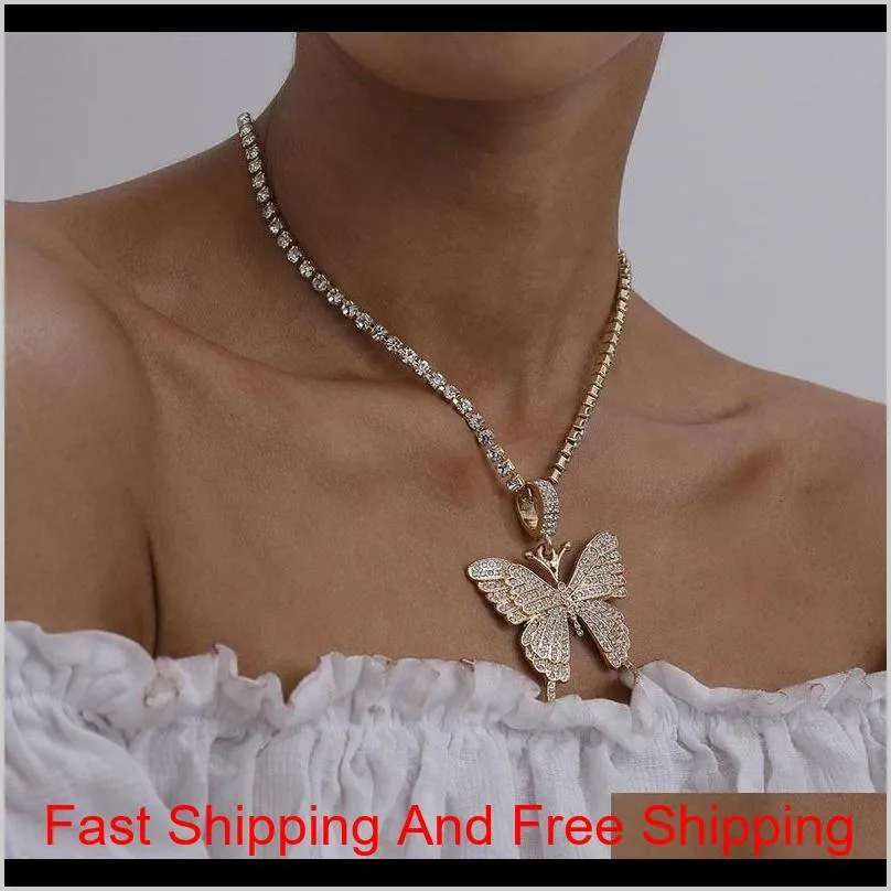 statment big butterfly pendant necklace hip hop iced out rhinestone chain for women bling tennis chain crystal animal choker jewelry