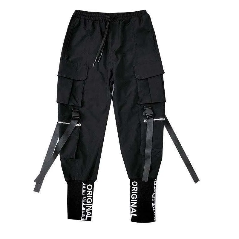 Hiphop Mannen Linten Cargo Broek Mode Harajuku 2020 Nieuwe Elastische Taille Casual Streetwear Mens Joggers Broek Zwart X0723