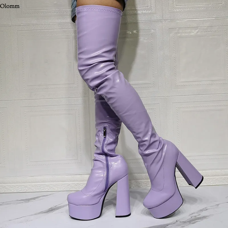 Rontic Nuove Donne di Arrivo Della Piattaforma Della Coscia Stivali Zoccoli Tacchi Punta Rotonda Splendido Viola Rosa Nero Scarpe Da Festa Delle Donne Più Il Formato DEGLI STATI UNITI 5-20