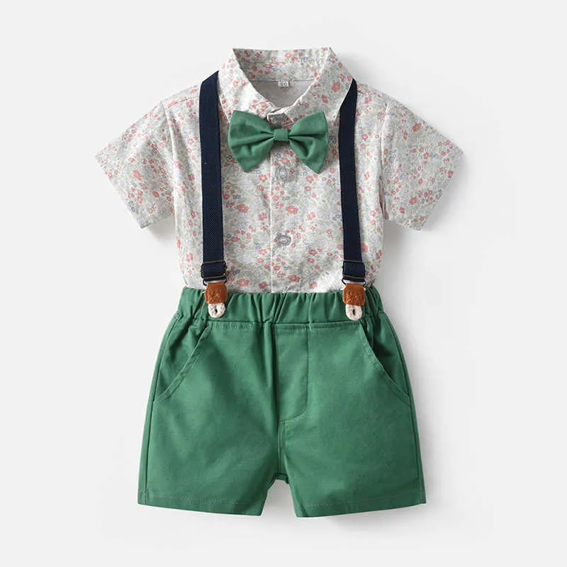 Keelorn Boys Elegant Kläder Set 2021 Ny Sommar Striped Shirt och Overaller Outfits Kortärmad Baby Bow Gentleman Passar 1-6T G1023