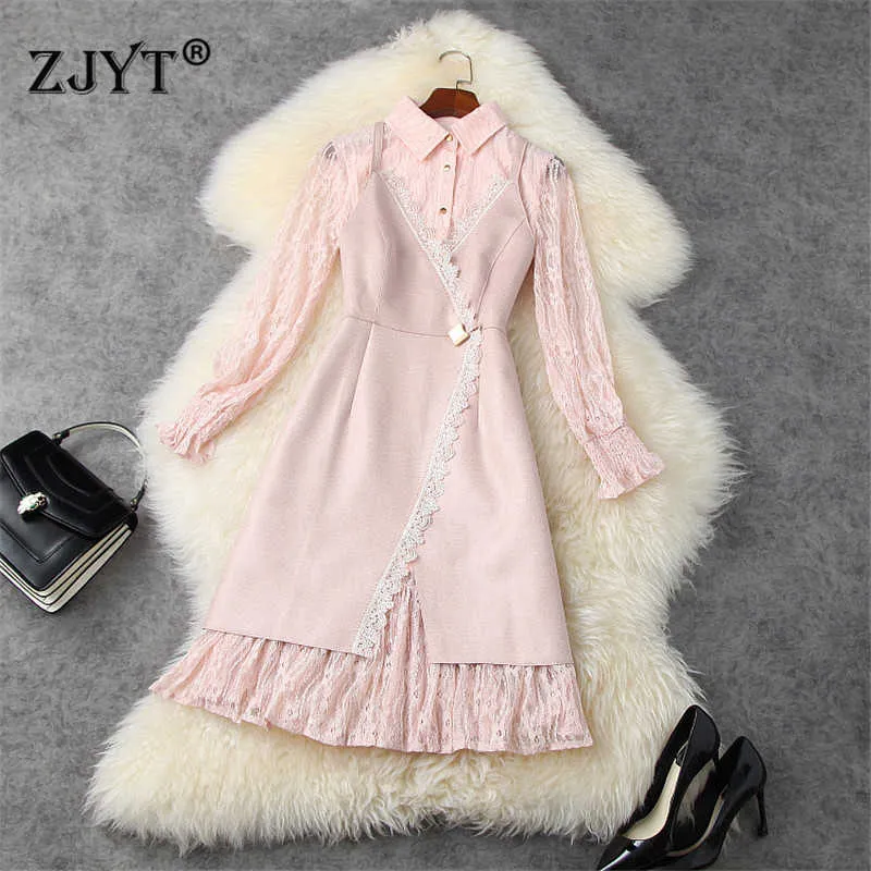 Spring Woman Clothes Elegant Long Sleeve Hollow Lace Dress 2 Piece Suit Casual Sweet Pink Vestidos Party Robe Femme 210601
