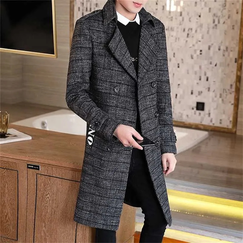 Vinter Woolen Coat Jackor Män Casual Slim Long Mens Wool Trench Coat Dubbelbröst British Style Plaid Outwear Windbreaker 211122