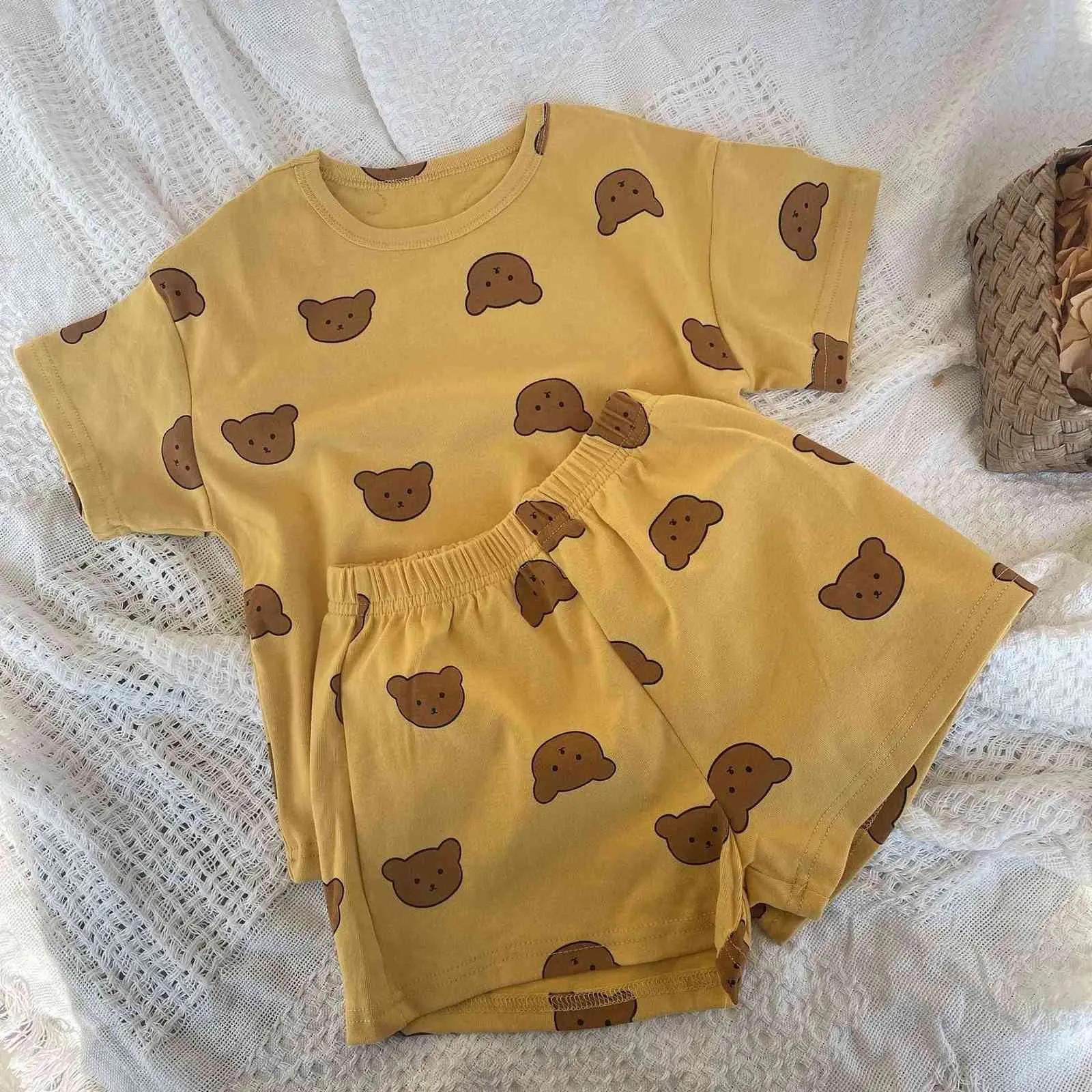 7695 Kids Clothing Set Baby Home Wear Summer New Korean Baby Boy Suit Cartoon Printing Home Suit Baby Girl Pajamas Set X0902