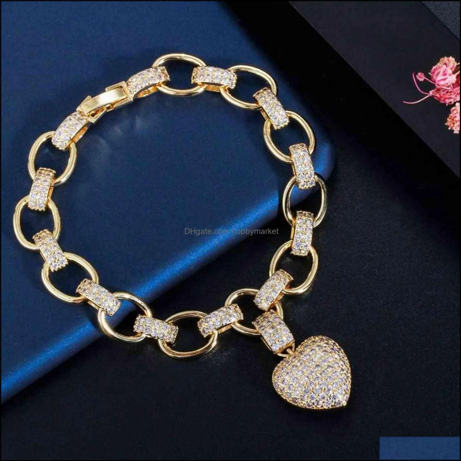 Cwwzircons Gold Color Cubic Zirconia Dangle Love Heart Shape Charm Bracelet Pendant Necklace Women Costume Jewelry Set T