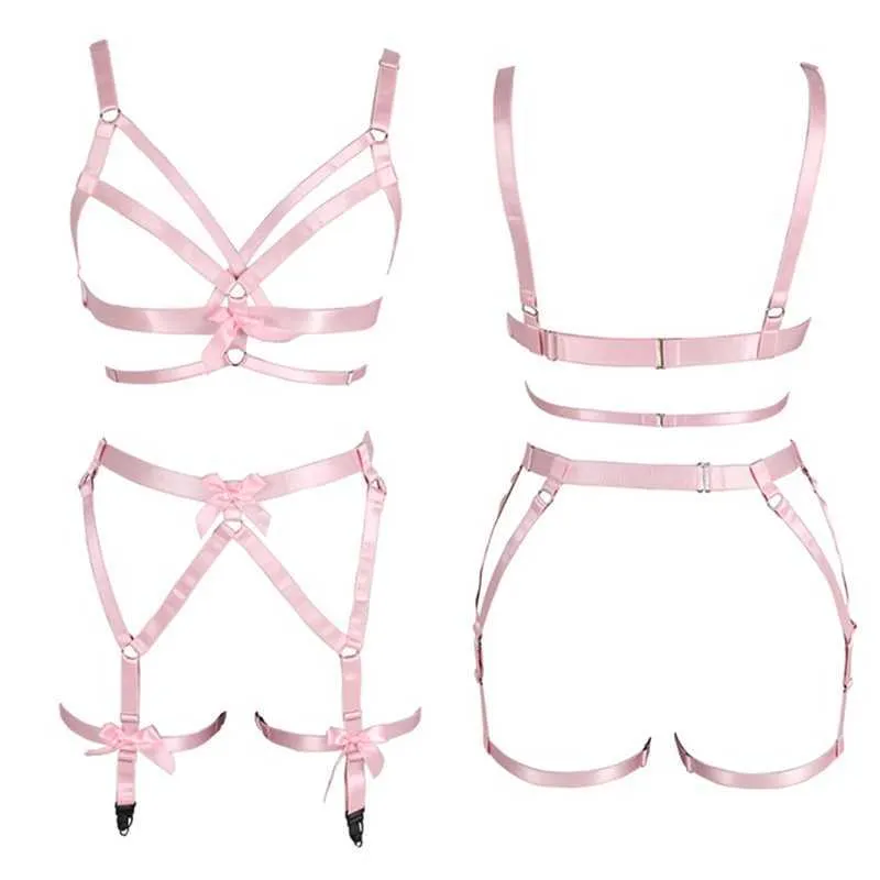 Pink Bow Full Body Harness Garter Belt Bra Set For Women Plus Size