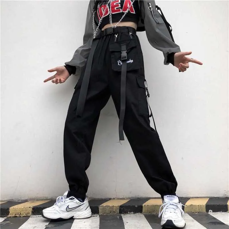 EACHIN Fashion Women Streetwear Cargo Pant Korean Wide Leg Elastic Waist Harem Pant Female Casual Loose Jogger Trouser with Belt X0629