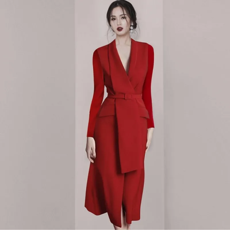 fitted lace wedding dress Josie Red Long Sleeves Blazer Dress XXL / Red