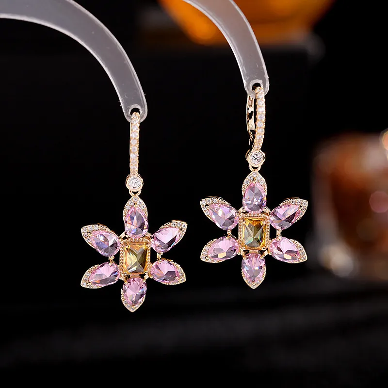 2021 Trend Brand Jewelry Luxury Wedding Flower Earrings Cubic Zirconia Dangle Temperament Sweet Earings for Women