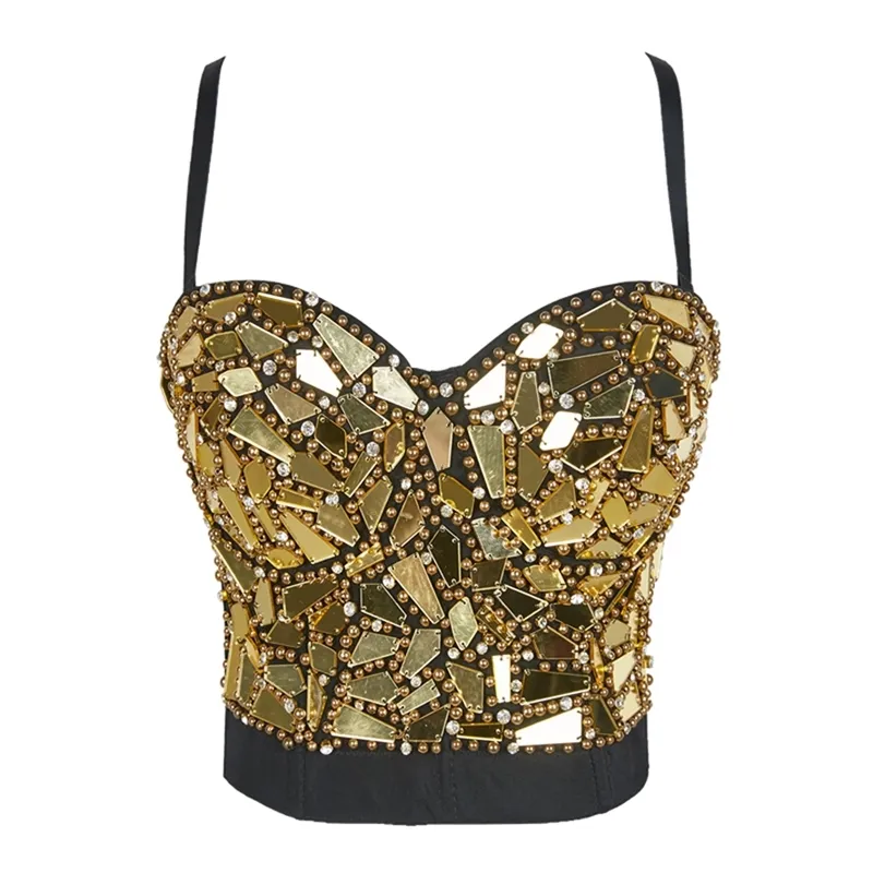 Atoshare Sexy Femmes Argent Or Paillettes Strass Top Lady Rave Outfit Perle Glitter Tops Bustier Femme Corset Crop Top Strass 210308