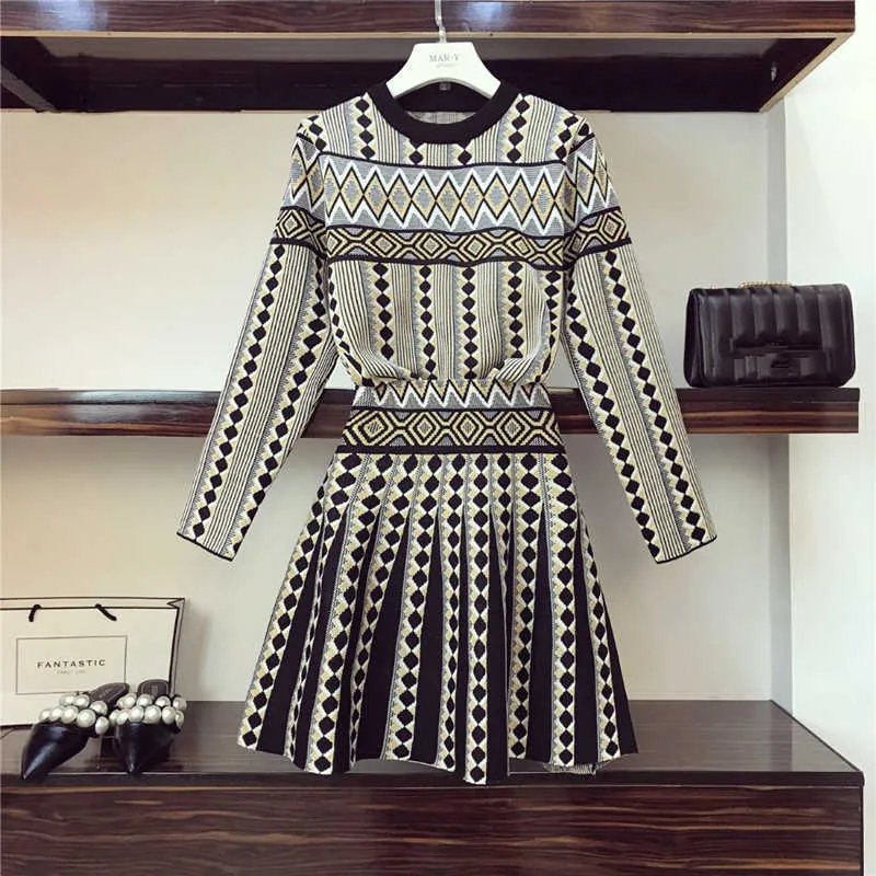 Women Knitted 2-piece Sets Casual Jacquard Geometric Pattern Sweater Jumpers A-line Skirt Sets Fall Winter Blue Black Gray249K