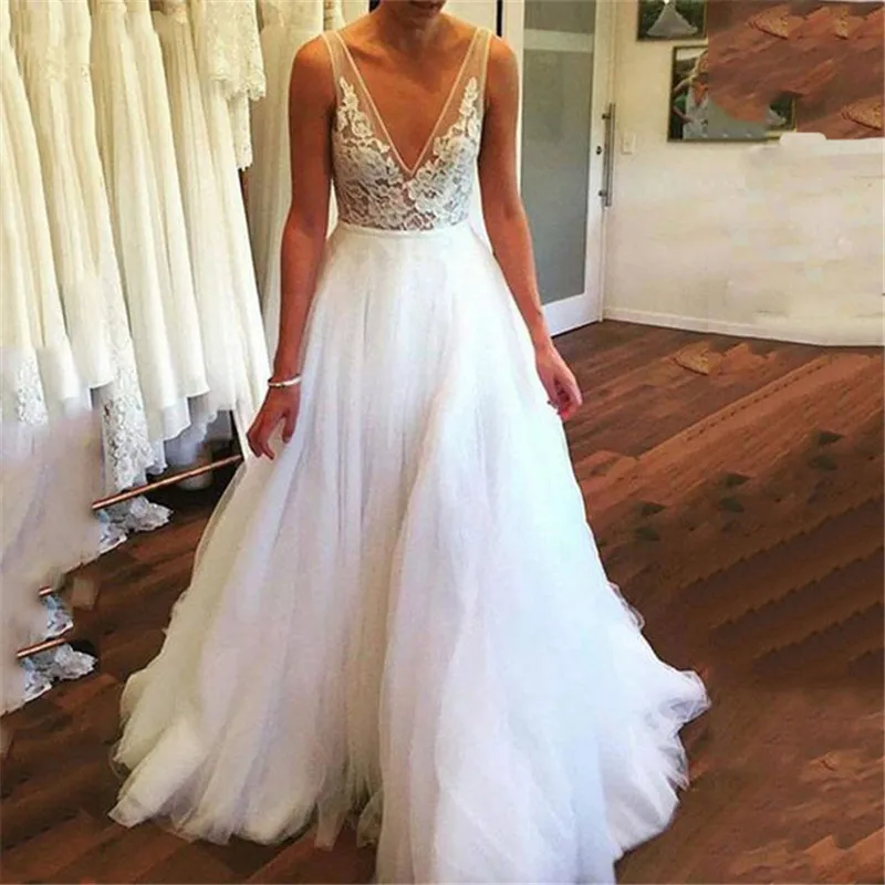 ZJ9236 Abiti da sposa Boho con scollo a V profondo 2021 Abito da sposa con lacci con applicazioni in pizzo country Lunghezza al pavimento Taglie forti