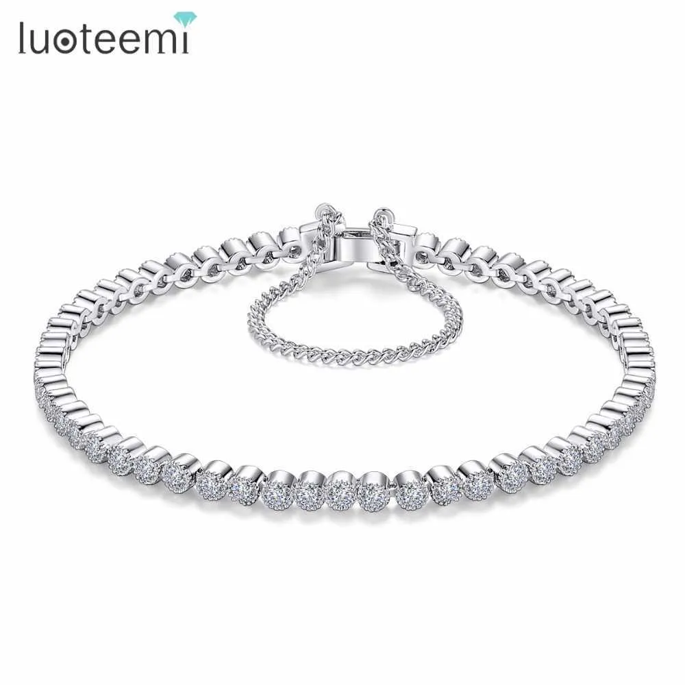 Luoteemi Bridal Classic Tiny Clear Round Cubic Zirconia Tennis Bracelet Banlgles for Women Wedding Jewellry Q0719