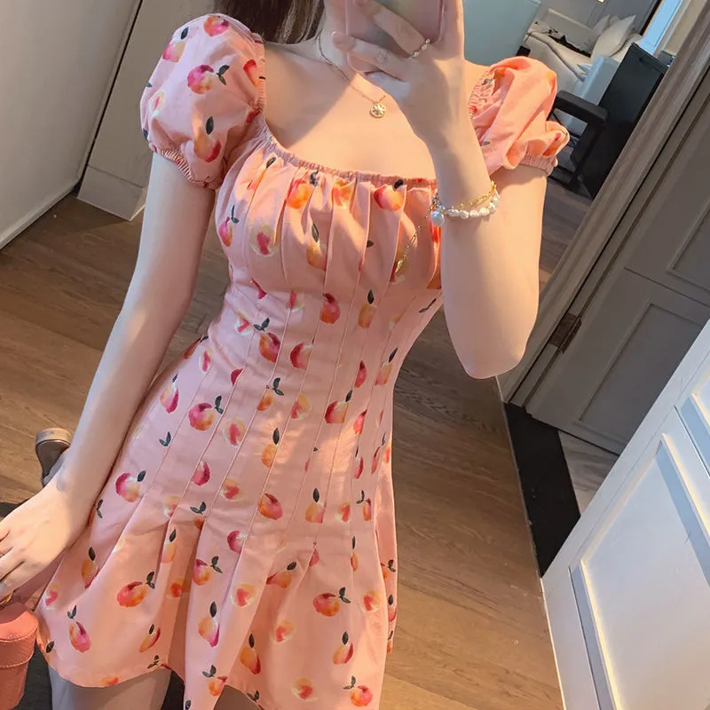 Kawaii Floral Print Cherry Mini pink dress Elegant Pink Japanese Summer pink dress for Women