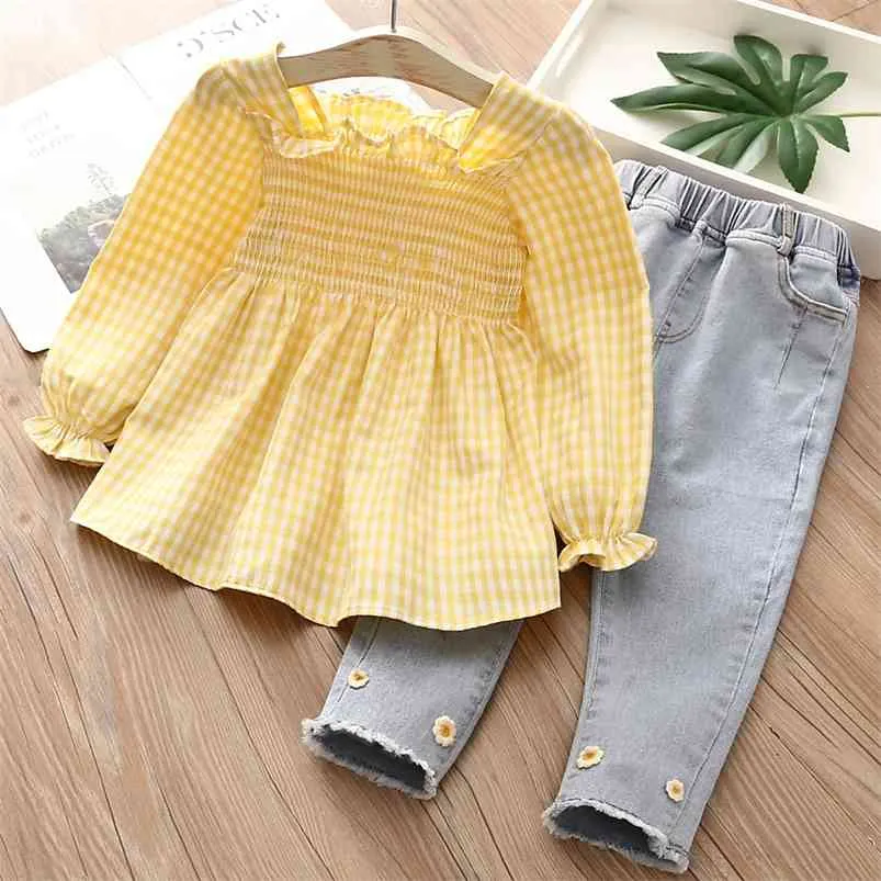 Autumn Spring 2 3 4 7 8 10 Years Children Long Sleeve Plaid Blouse+Jeans 2 piece Suits Baby Kids Girl Outfits Clothing Sets 210625