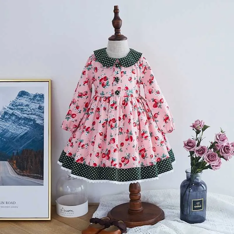 Kids Strawberry Dresses for Girls Boutique Children Long Sleeve Peter Pan Collar Ball Gowns Baby Spanish Lotia Dress Birthday 210615