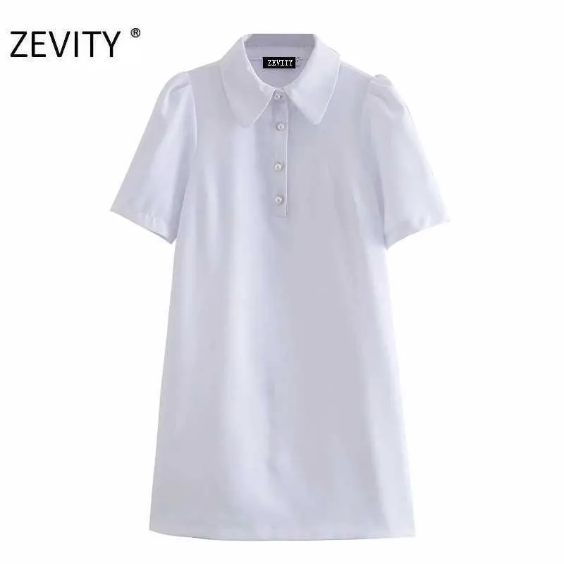 Zevity Women Fashion Turn Down Collar Pearl Knappar Skjorta Klänning Kontor Lady Puff Sleeve Vestido Chic Business Dresses DS4405 210603