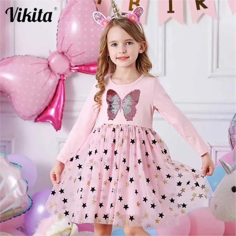 VIKITA Autumn Girls Dress Butterfly Sequins Kids Long Sleeve es Baby Princess Party Clothes Birthday es 220106