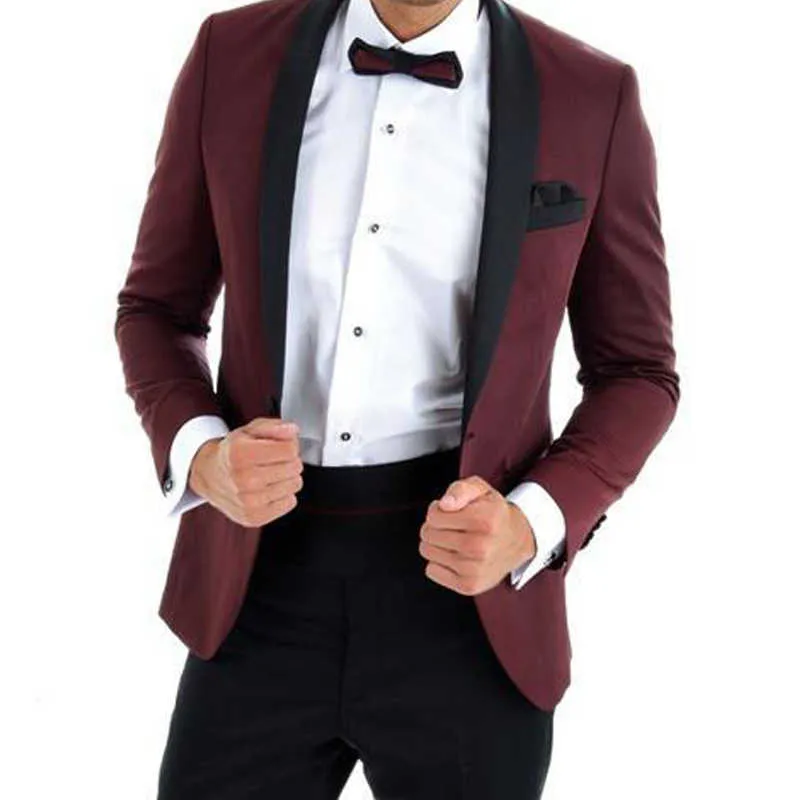 Slim Fit männer Anzüge 2 Stück Burgund Hochzeit Smoking mit schwarzen Hosen Schal Revers Männliche Mode Kleidung Jacke Bräutigam Prom Blazer X0909
