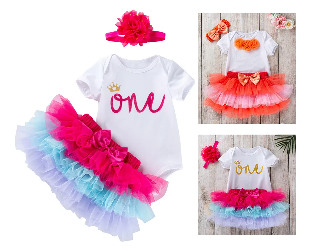Mode baby flicka 1: a födelsedag livliga romper kjolar 0-24 månad nyfödd spädbarn prinsessa klänning bomull romper+tyll tutu kjol+pannband = 3 st/set