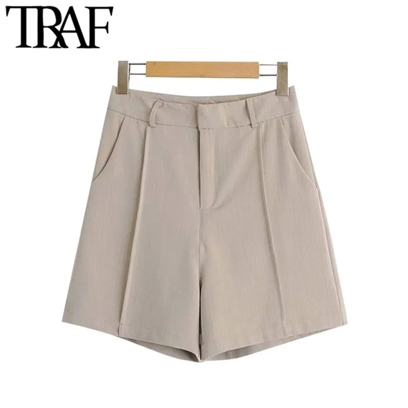 Trafik Kvinnor Chic Fashion Office Wear Side Fickor Shorts Vintage Hög Midja Zipper Fly Kvinna Kort Byxor Mujer 210722