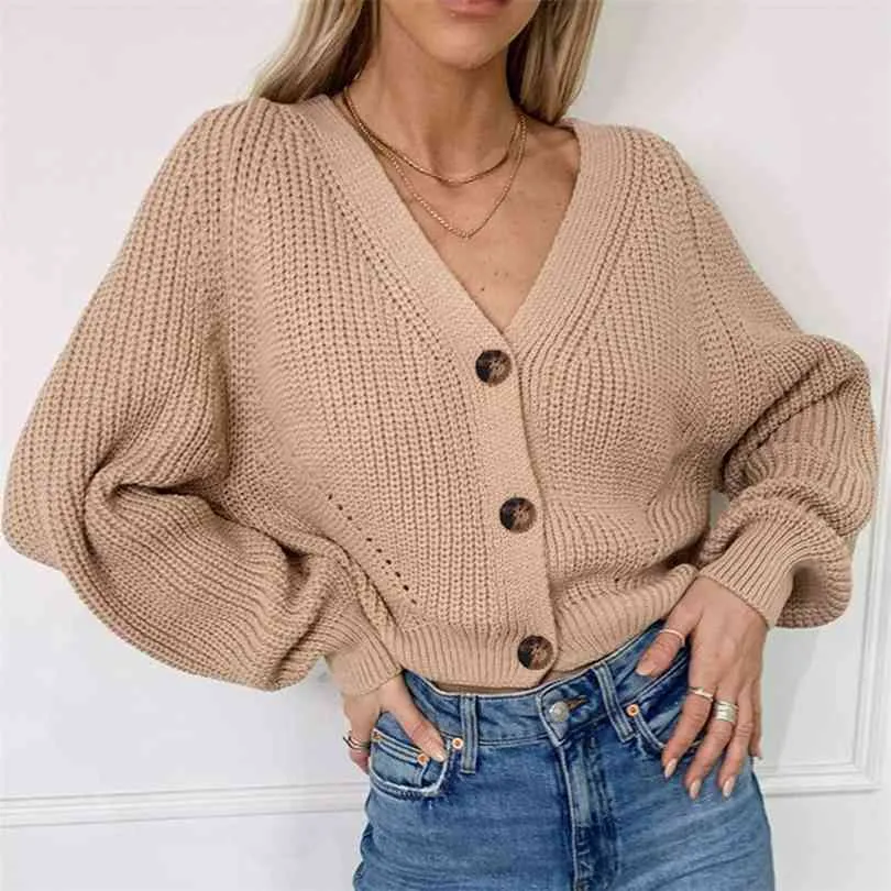Вязаный кардиган женский свитер мода мода с длинным рукавом свободная осенняя куртка Пальто кнопки толстый V-образным вырезом негабаритная блузка верхняя футболка 210922