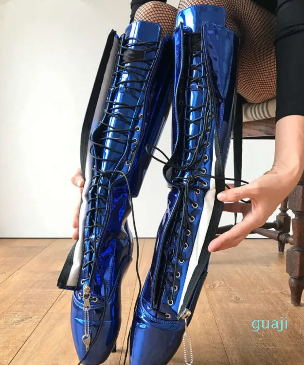 Metallic Royal Blue Boots Woman Sexy Fetish High Ballet Pointe Shoes Women Stilettos Ballet Lockable Zipper Lace Up Unisex Boots