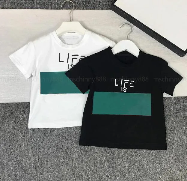 Camisetas de manga curta para meninos e meninas com estampa de letras com decote em O e etiqueta de alta qualidade para crianças, roupas de verão.