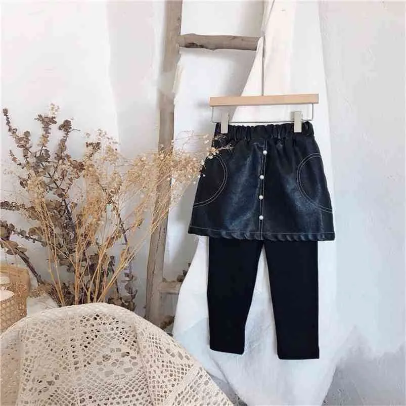 GOOPORSON Koreaanse mode kleine meisjes leggings fleece lederen broek nep twee stukken broek winter warme peuter outfits 210715