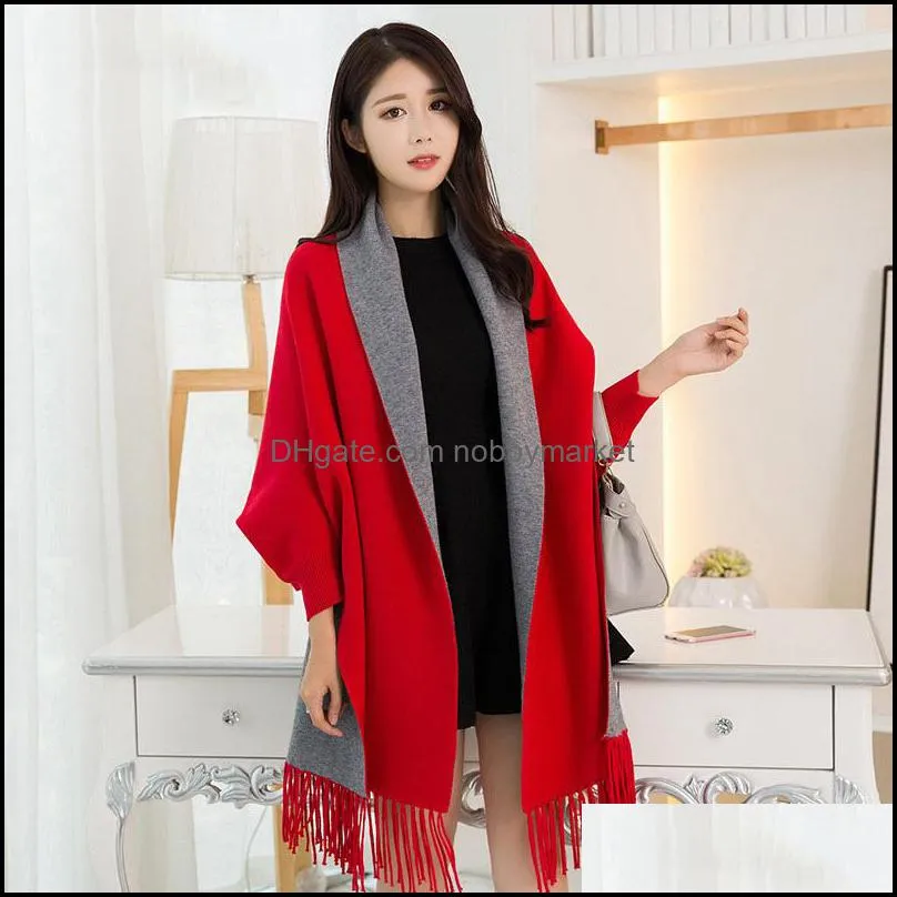 Winter Reversible Ponchos Women Capes Luxury Pashmina Thick Warm Shawl and Wraps Ladies Solid Red Stole Scarf With Sleeves 201026