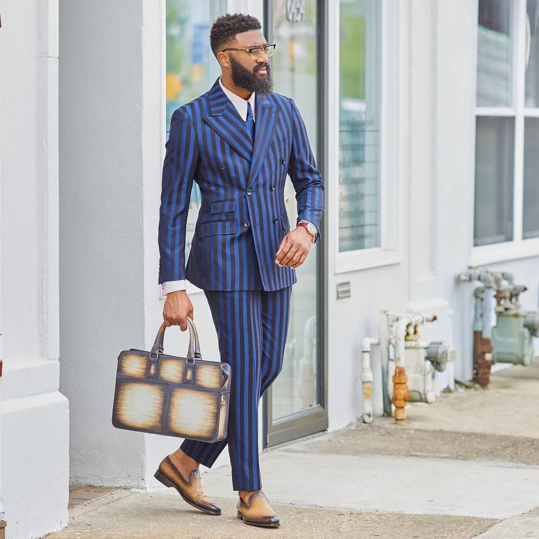 BespokeDaily Venice Navy Blue Slim Fit Double Breasted Striped Suit -  Bespoke Daily