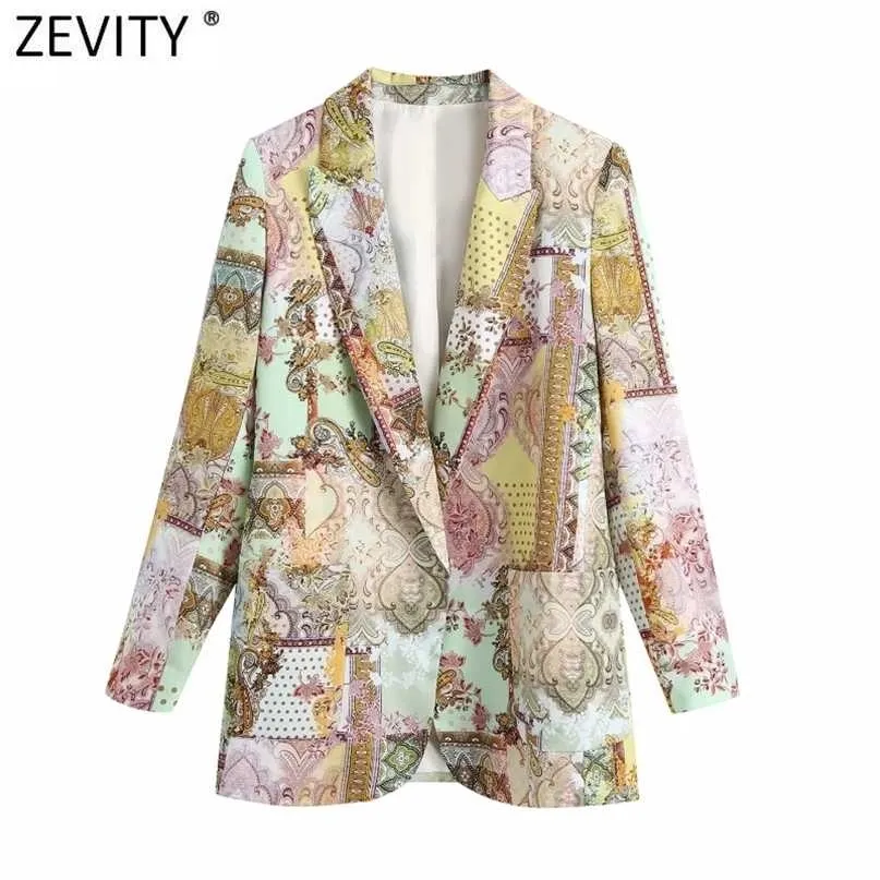 Zevity Mujeres Vintage Paisley Totem Imprimir Costura abierta Blazer Abrigo Mujer Chic Business Casual Corte Cardigan Trajes Tops CT729 211122