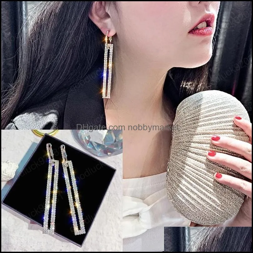 Shiny Fashion Long Geometric Drop Earring Luxury Rectangle Rhinestone Earring Jewelry Woman Korean Dangle Earrings