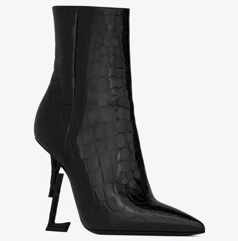 New OPYUM Booties In Alligator-Embossed Patent Leather With Black Heel Snake Heels Boots Pointed Toe Letters High Heels Pumps Ladies Boots