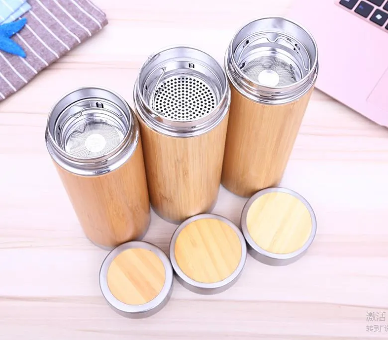 Bamboo Tumbler Stainless Steel Water Bottles Vacuum Insulated Coffee Travel Mug with Tea Infuser & Strainer 16oz wooden bottle SN2281