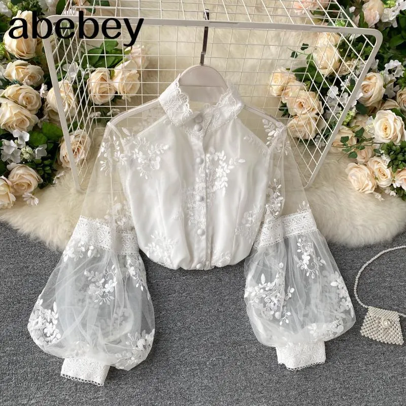 Lady Retro Malha Lace Tops Feminino Carrinho Colares 3d Bordado Longa Lanterna Lanterna Camisa Slim Camisa Elegante Blusa P298 210225