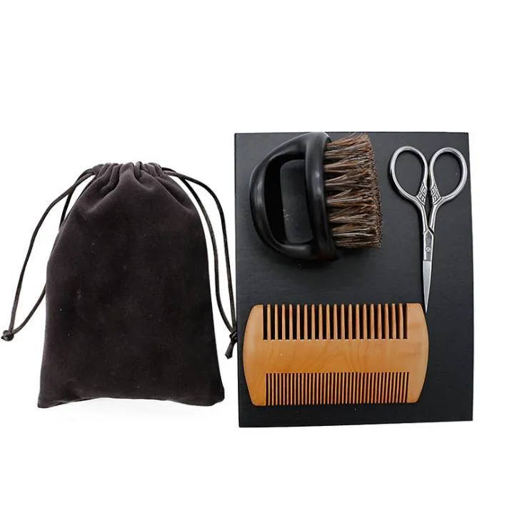 3pcs Wooden Beard Comb And Natural Bristles Brush With Scissors Set For Men