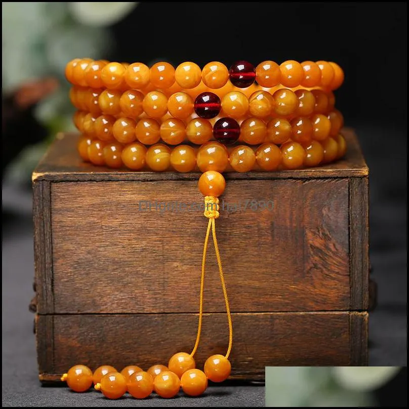 Beaded, Strands Bracelets Jewelry Old Honey Mti-Circle 108 Prayer Beads Natural Beeswax Amber Bracelet Necklace For Men And Women Drop Deliv