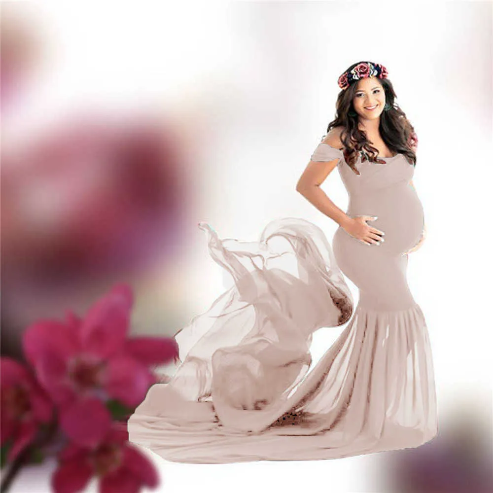 New Maternity Photography Prop Pregnancy Cloth Cotton Chiffon Maternity Off Shoulder Half Circle Gown Photo Shoot Pregnant Dress (1)