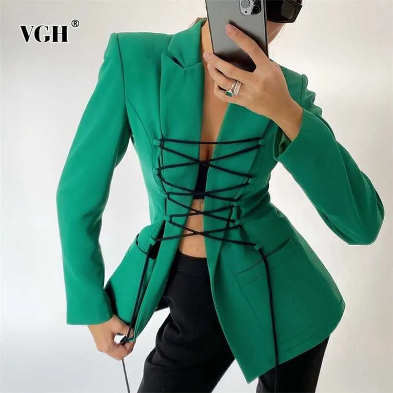 VGH Bandage Hollow Out Blazer For Women Notched Long Sleeve Solid Sexy Blazers Female Spring Fashion Clothing Style 210930