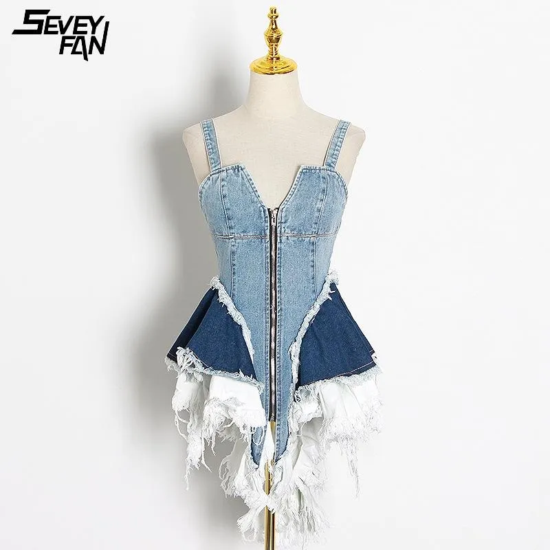 Kadın Ceketler Sling Denim Ceket Etek Kadın Korse Patchwork V Boyun Kolsuz Backless Seksi Fermuar Tasarımcı Düzensiz Hem Ince Mini