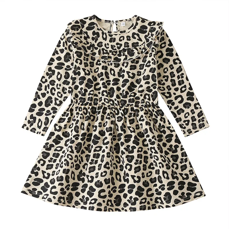 Wholesale leopard print back to school kids daily clothes long sleeve fashion little girls dresses