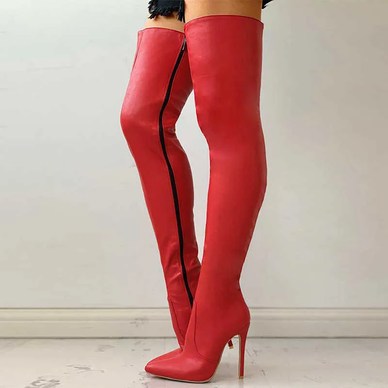 Frauen Sexy High Heels Uber Den Kniestiefeln Rote Oberschenkel Hohe Stiefel ReiBverschlussschuhe Damen 2024 Winter Lange Stiefel Plus GroBe PU Leder Von 29 17 DHgate