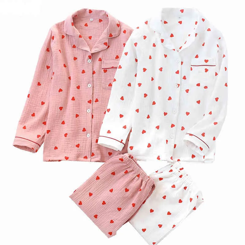Ensemble pyjama de printemps en crêpe imprimé cœur pour femme, Double couche de gaze, col rabattu, manches longues, pantalon, vêtements de maison