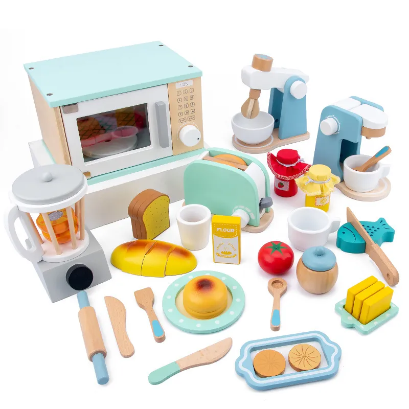 الأطفال محاكاة خشبية لعبة المطبخ مجموعة اللعب المنزل التعليم المبكر لعبة آلة الخبز آلة القهوة عصارة فرن ميكروويف 210312