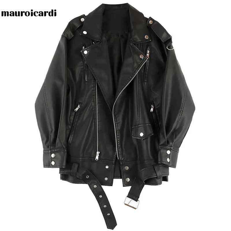 Mauroicardi Spring autumn loose leather biker jacket for men style long sleeve zipper Soft faux leather jackets for men brand 211009