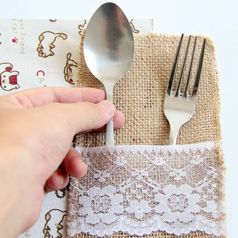 Burlap Cutlery Holder Vintage Shabby Chic Jute Lace Tableware Pouch Packaging Fork & Knife Pocket for Party Wedding