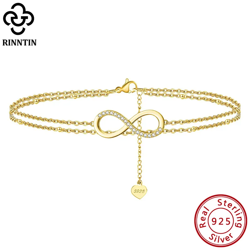 Rinntin 925 argent sterling unique couches InfinitySatellite bracelets de cheville pour femmes or 14 carats pied bracelet cheville sangles bijoux SA16