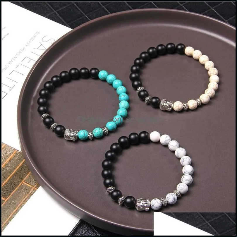 Classic Silver Color Buddha Bead Chakra Bracelet Natural Stone White Blue Turquoises Beads Stretch Prayer For Women Men Beaded,